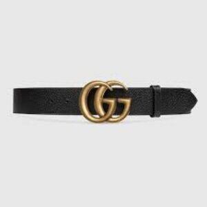 Black Textured Leather Belt With Brass Double G Buckle
